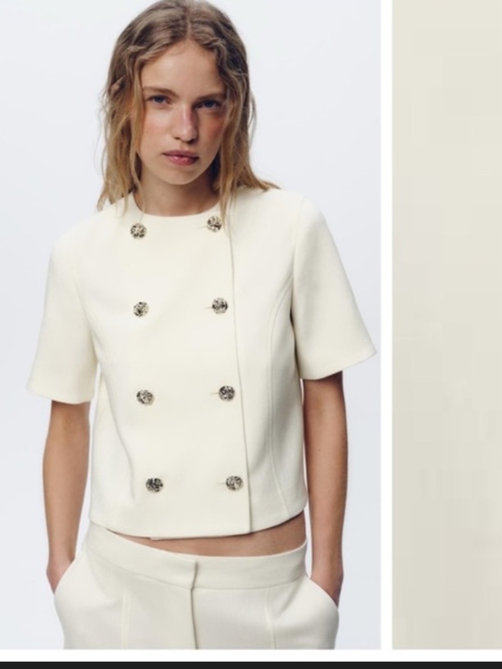 Zara Jacket Blazer Ivory Cream Short Sleeve Gold Buttons Classic